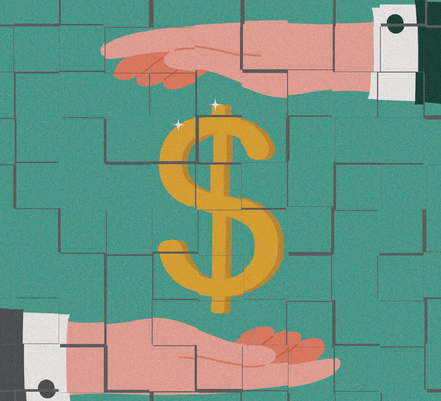 Illustrative hands around a dollar sign