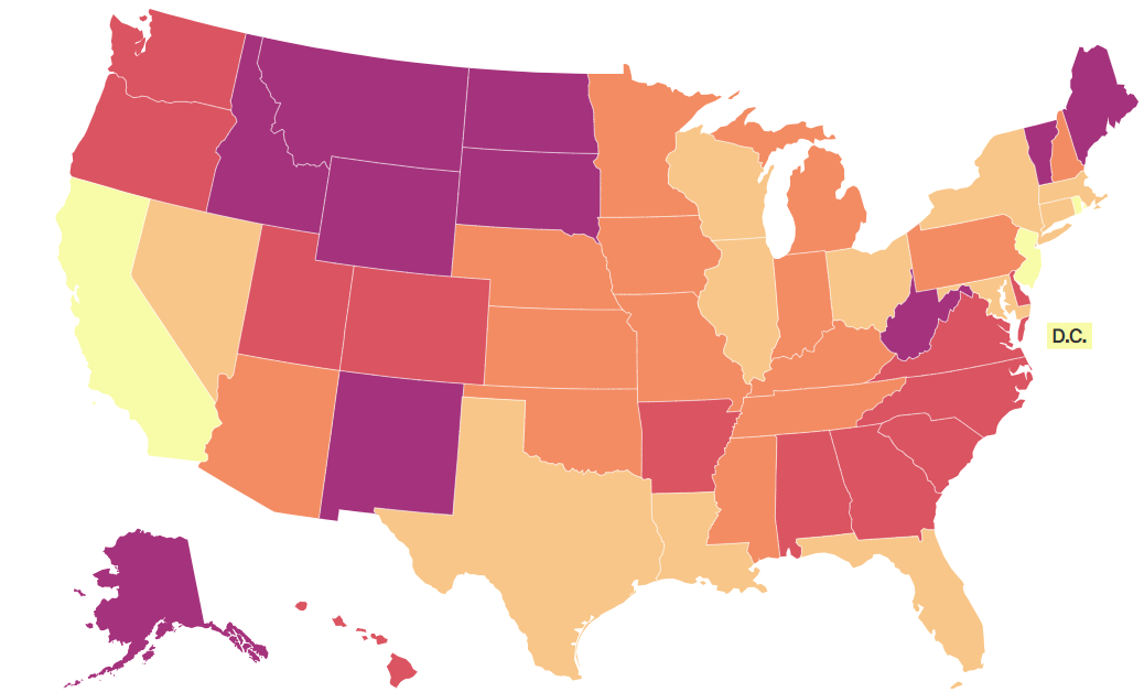 A choropleth map of the U.S. showing share of hospitals that are in a highly concentrated market or part of a monopoly in 2025.