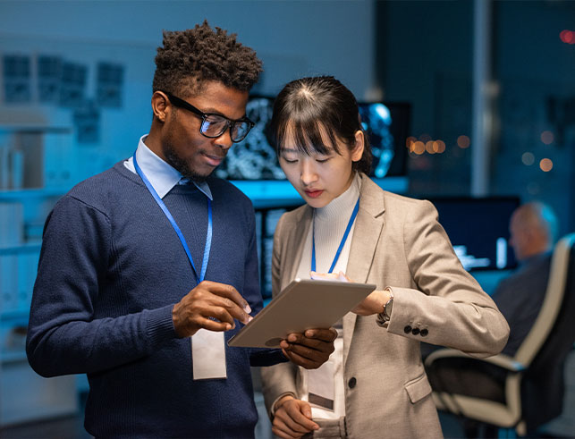 Technology workers reviewing software