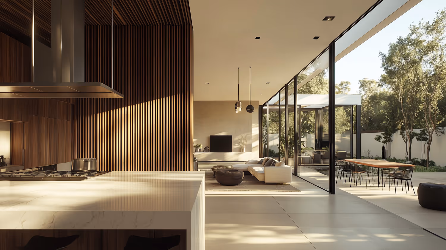 Custom Home Interior, with dark wood accents and indirect lighting.