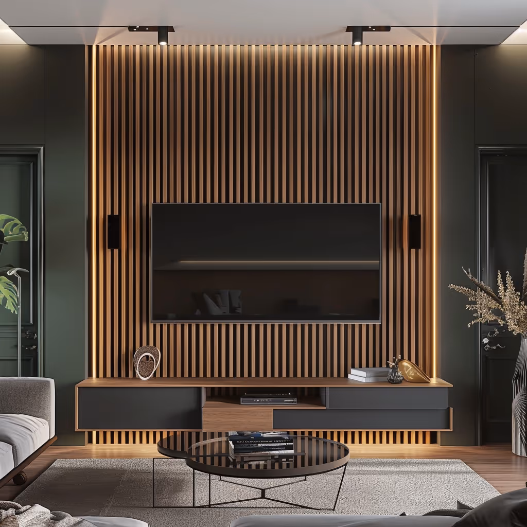Tv Wall With Wood Paneling, with a floating vanity and plaster wall finish.