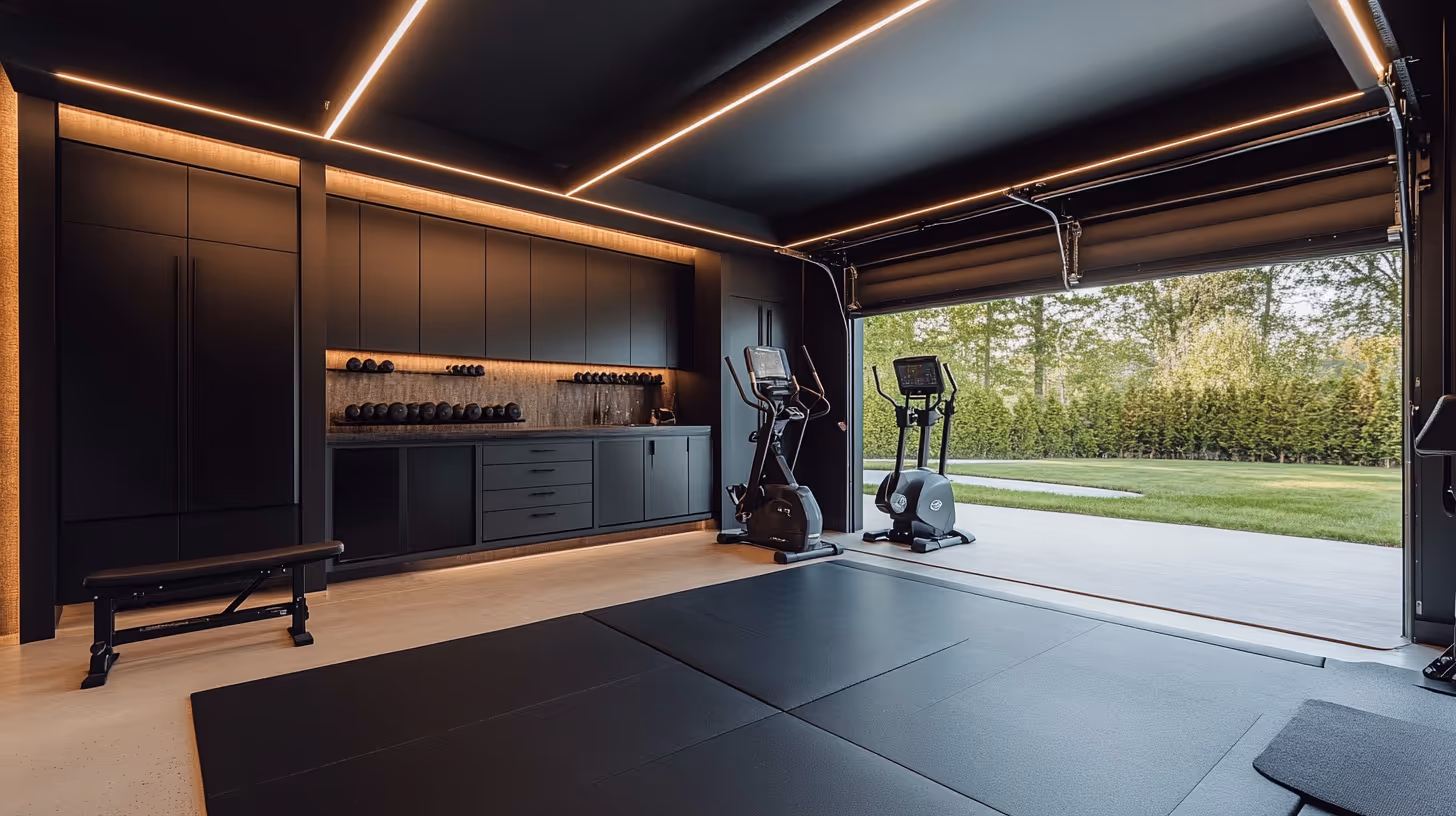Garage Conversion, styled with slat wood panels and LED elements.