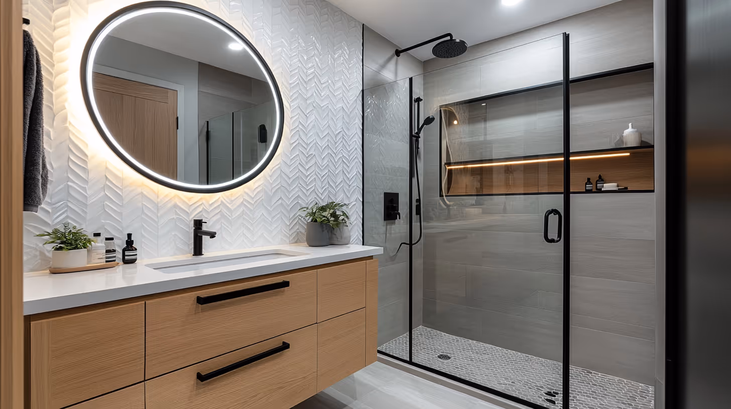 Modern bathroom, highlighting tiles and built-in features.
