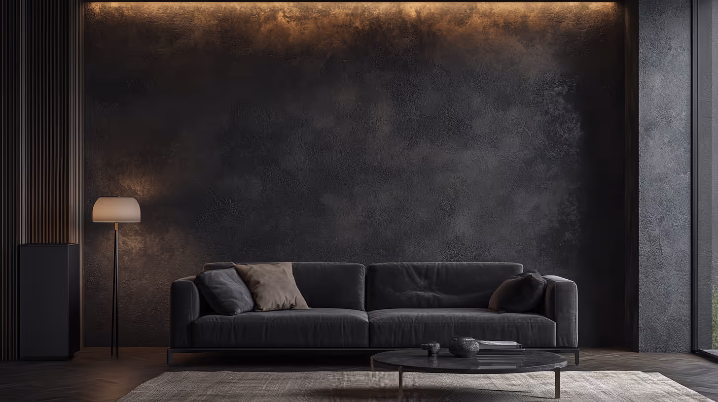 Dark Plaster Media Wall, showcasing European minimalism with clean lines.