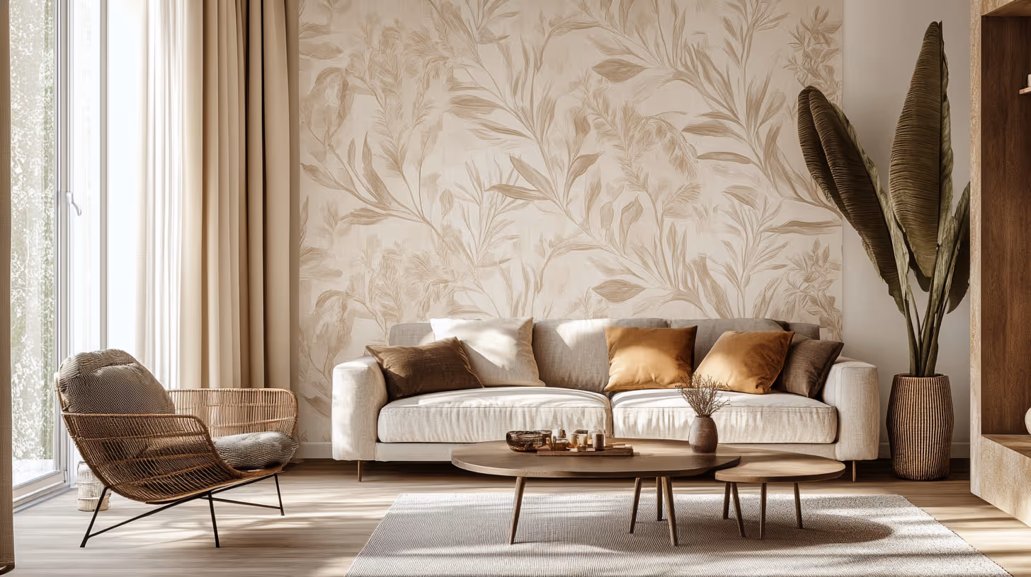 Wallpaper mural centered on a feature wall, seams aligned and trimmed clean — Irvine home.