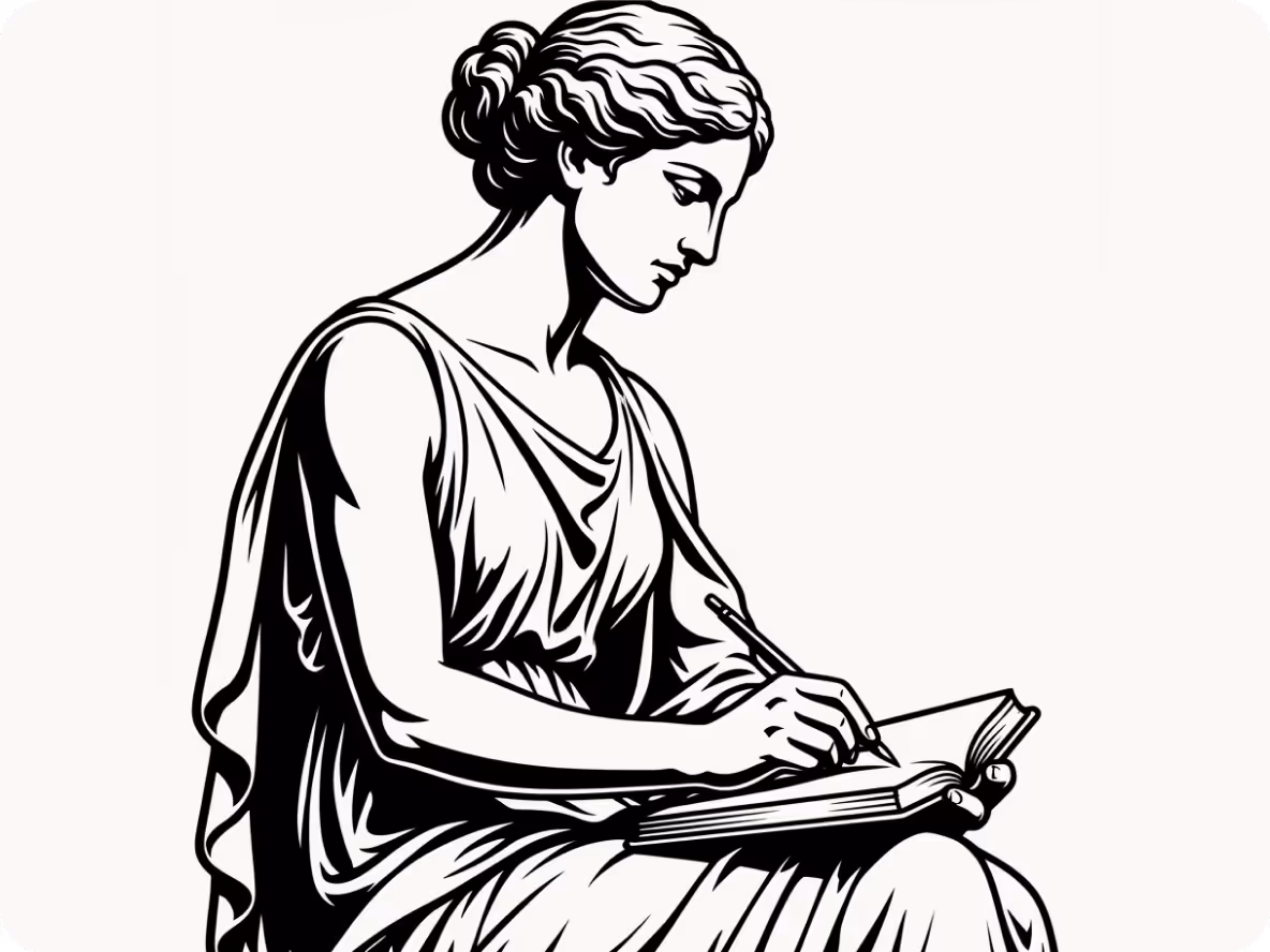 Classical-style woman writing in notebook