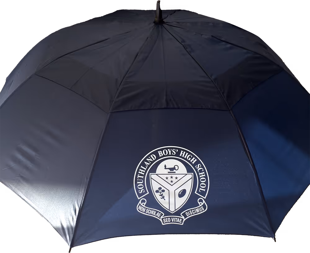 An umbrella with custom branding printed on it for Southland Boys High School