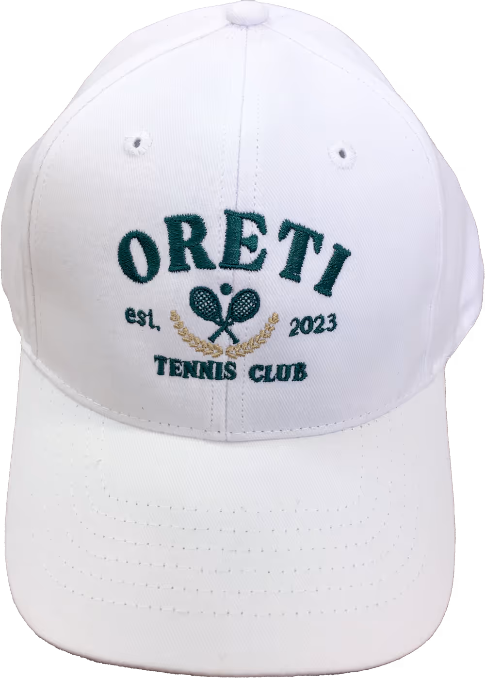 A cap with custom embroidery of the logo onto the front of the cap