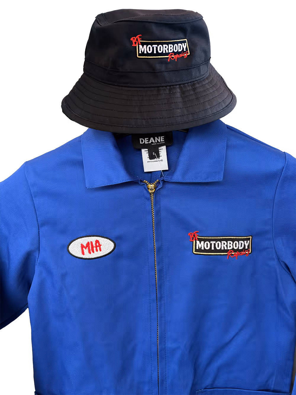 Overalls with embroidered logo on the front and an embroidered bucket hat with the logo on the front too