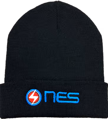 A black beanie with the NES logo embroidered onto the front of it