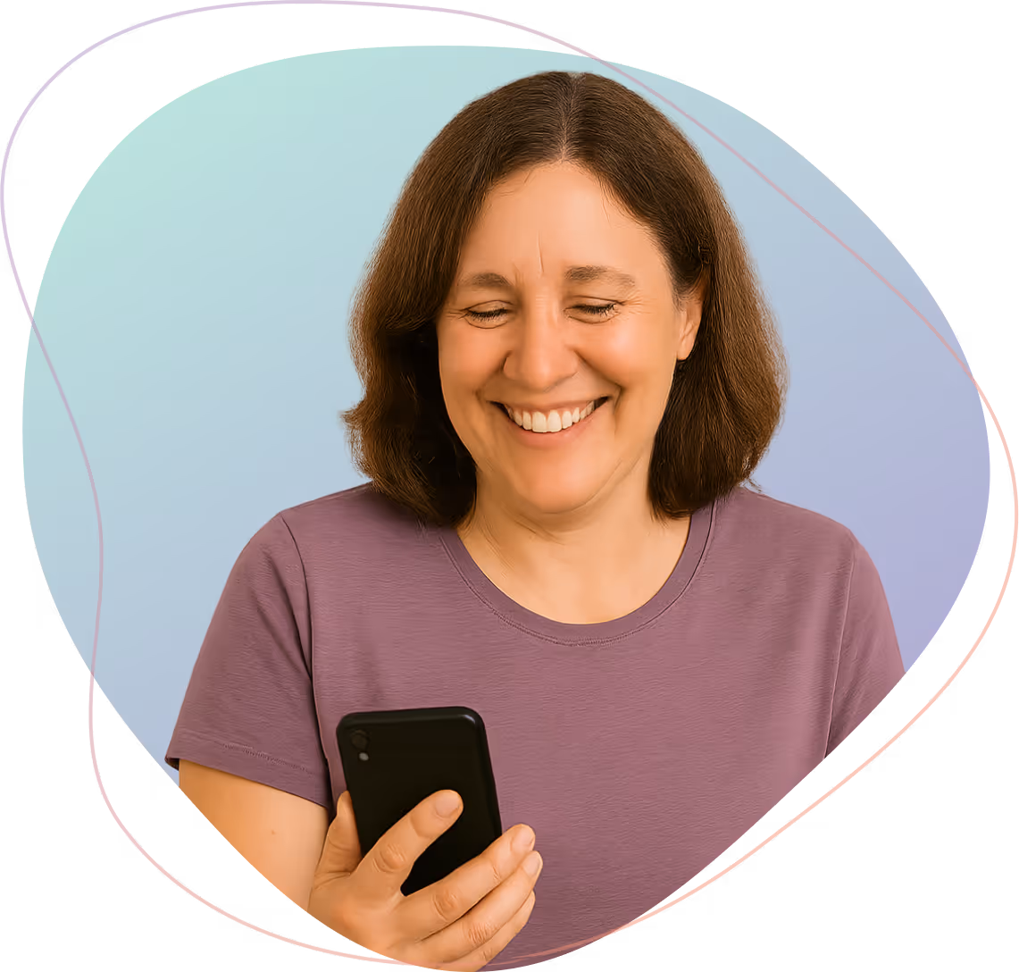 Smiling middle-aged woman using a smartphone, representing a positive experience with Nova, MUN Health’s AI support companion for emotional wellness in diabetes care.