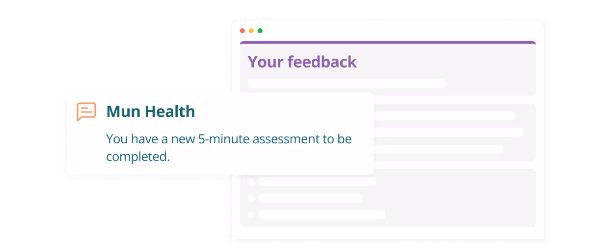 Notification prompting user to complete a 5-minute feedback assessment.