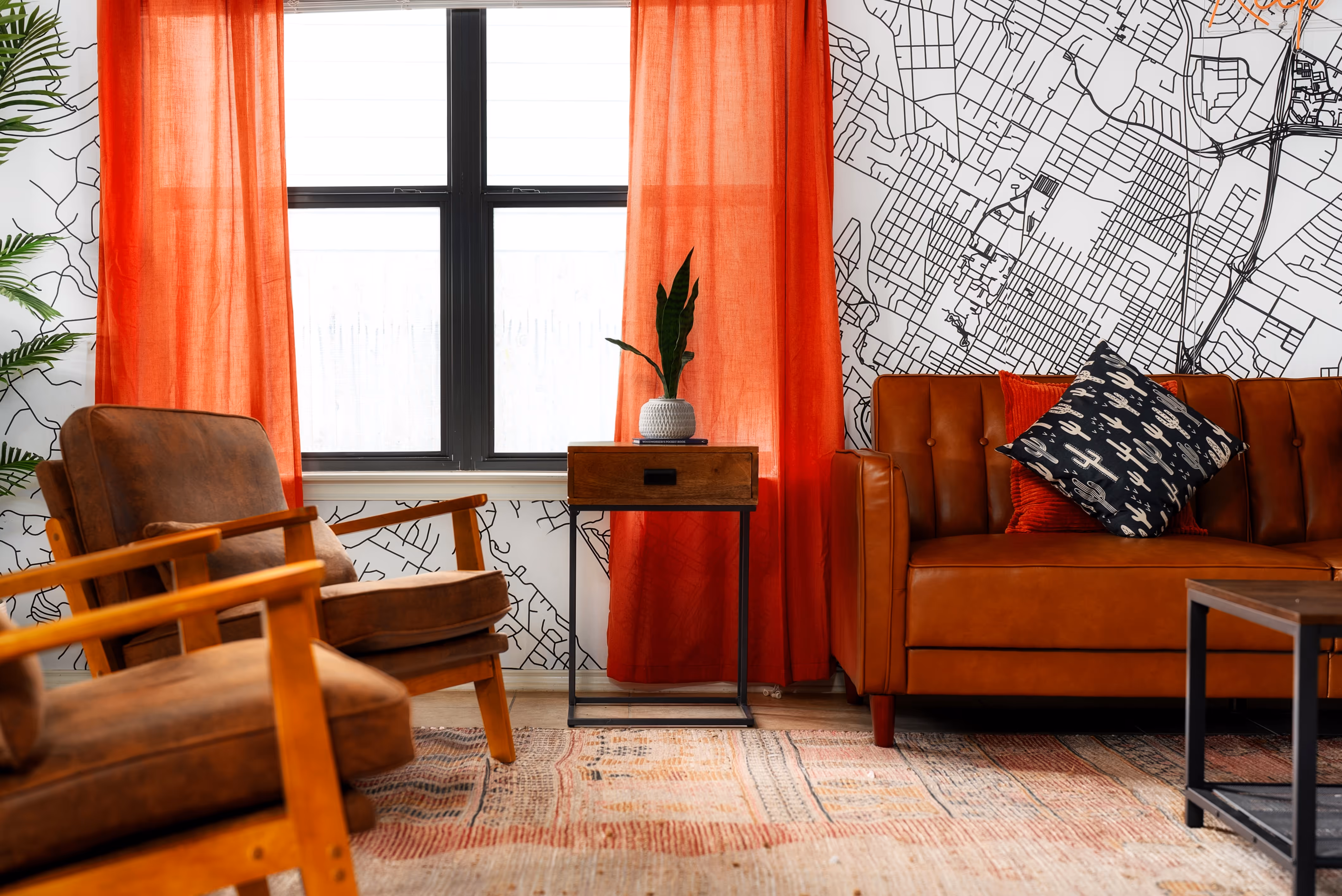 Orange/brown living room with modern decor