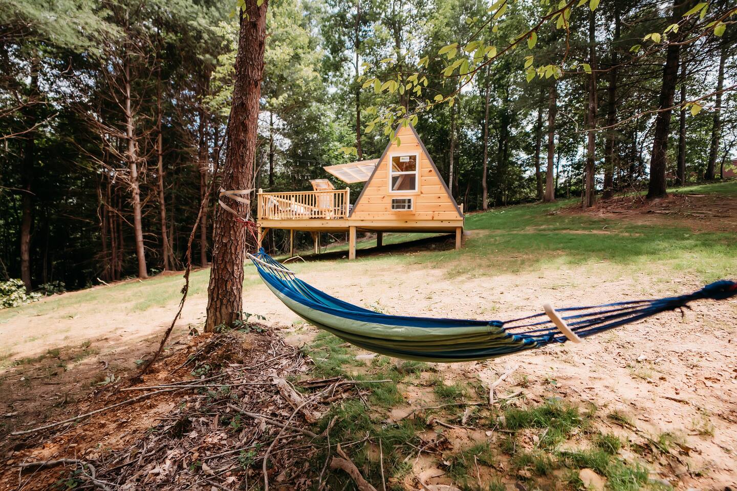 Hammock strung between trees at Black Creek Glamping, an Oikos-managed glamping site in Robbins, Tennessee