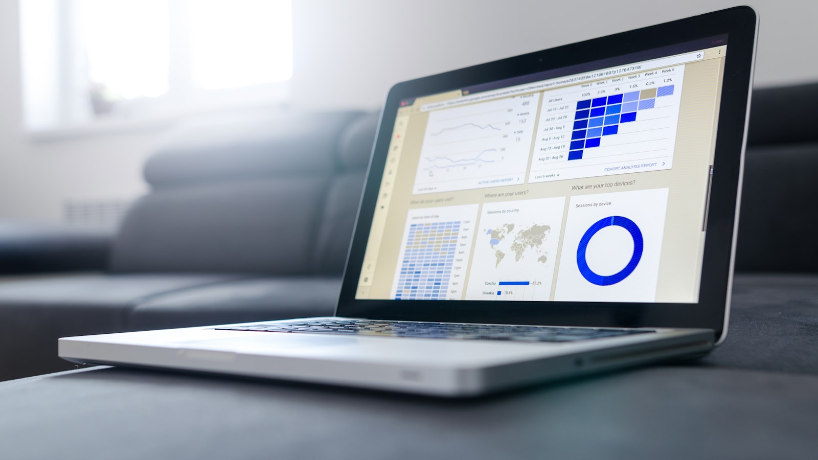 A laptop displaying market data and analytics charts, illustrating short-term rental market research