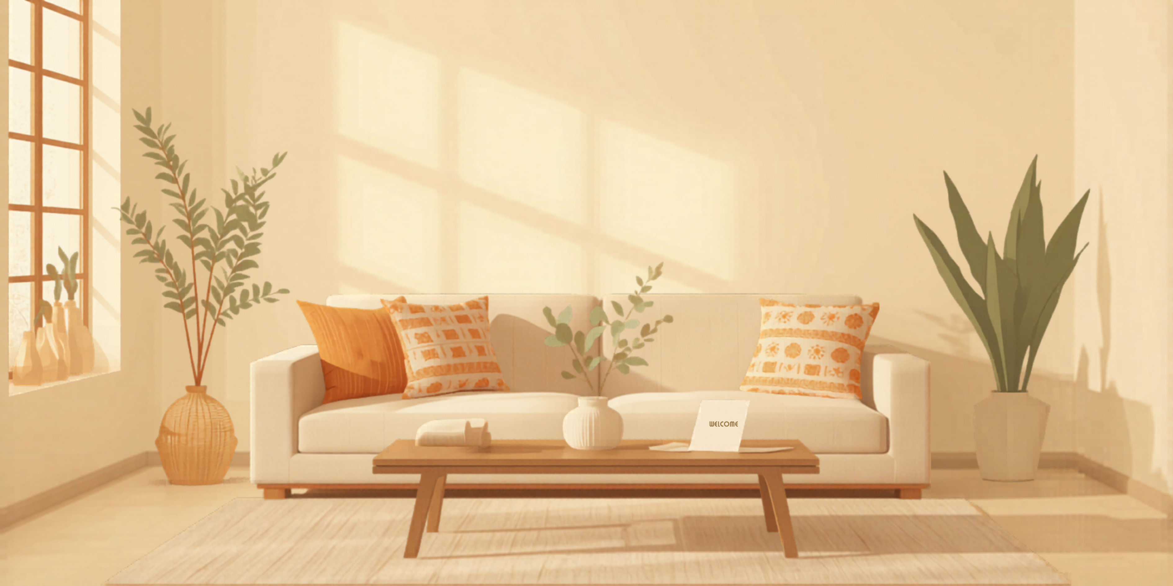 A warm, freshly prepared short-term rental living room at golden hour with a welcome note on the table, illustrating Oikos turnover quality and review-score protection