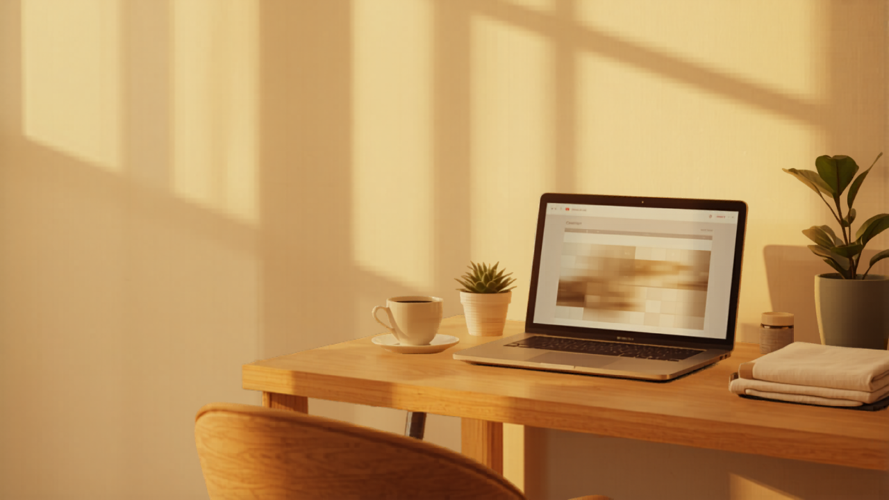 A warm, tidy short-term rental host workspace at golden hour with a laptop, coffee, notebook, and folded fresh linens, illustrating calm, organized property operations and task management