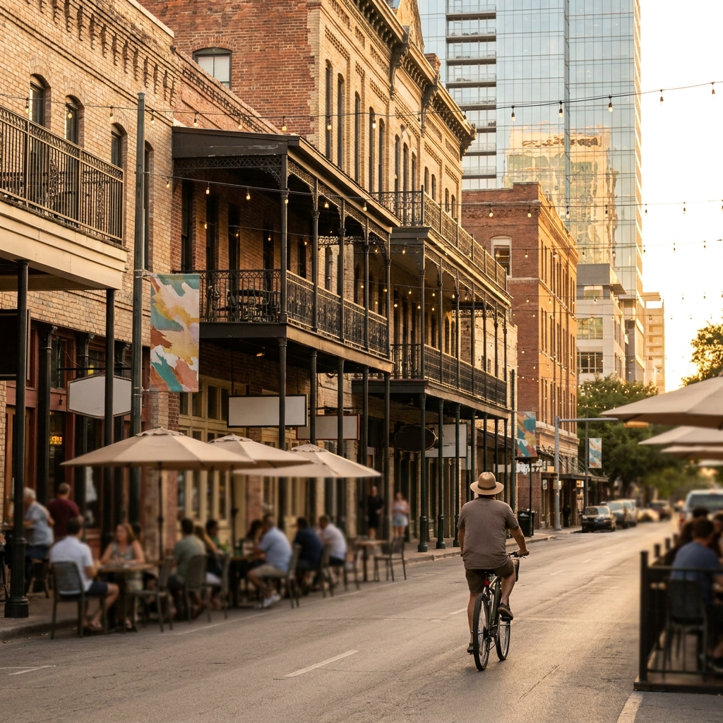 Golden-hour view of a lively downtown Austin street with historic brick buildings and outdoor cafes