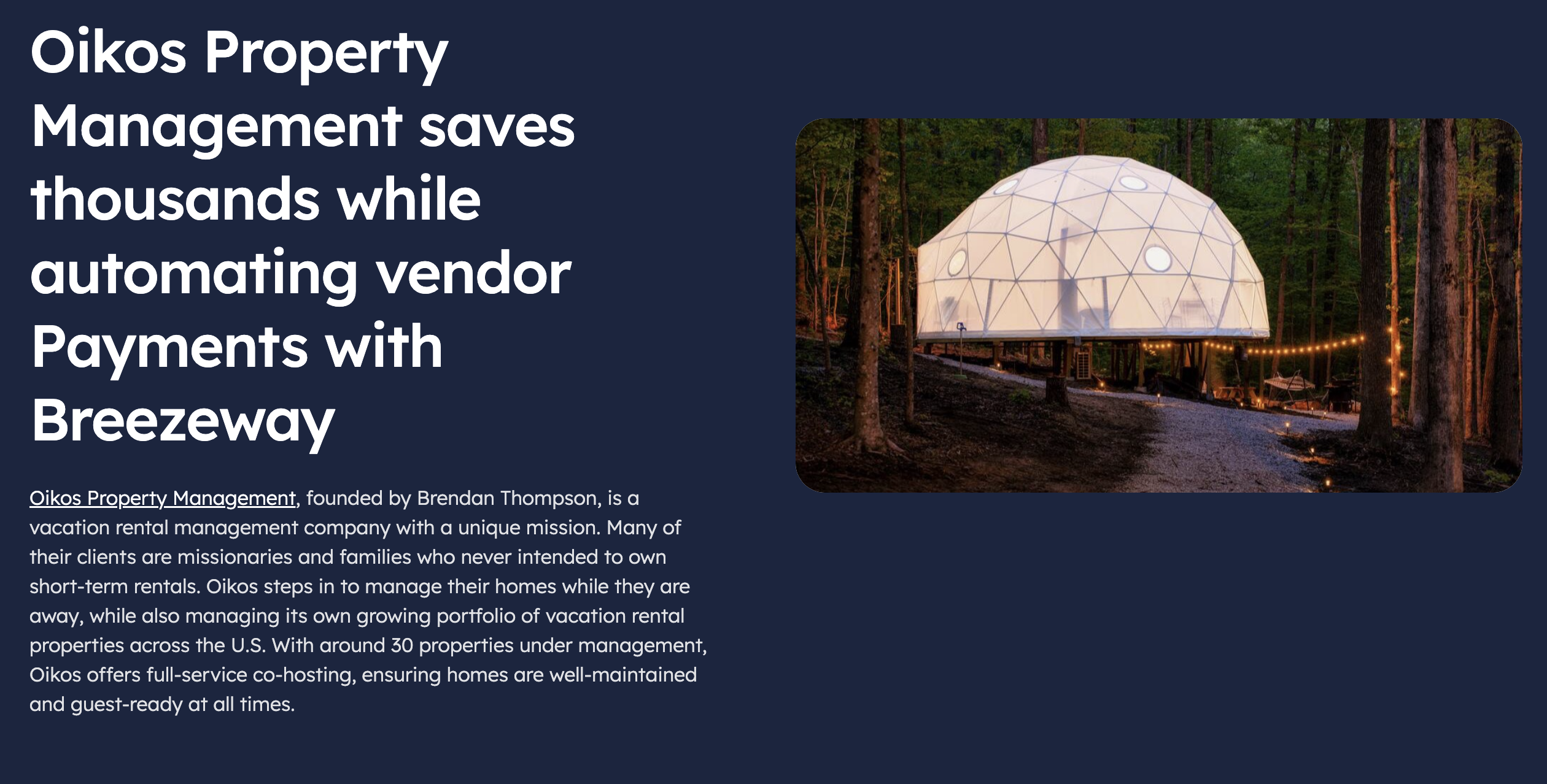 Blog header graphic for 'Oikos Property Management Saves Thousands' featuring a glowing geodesic dome at dusk