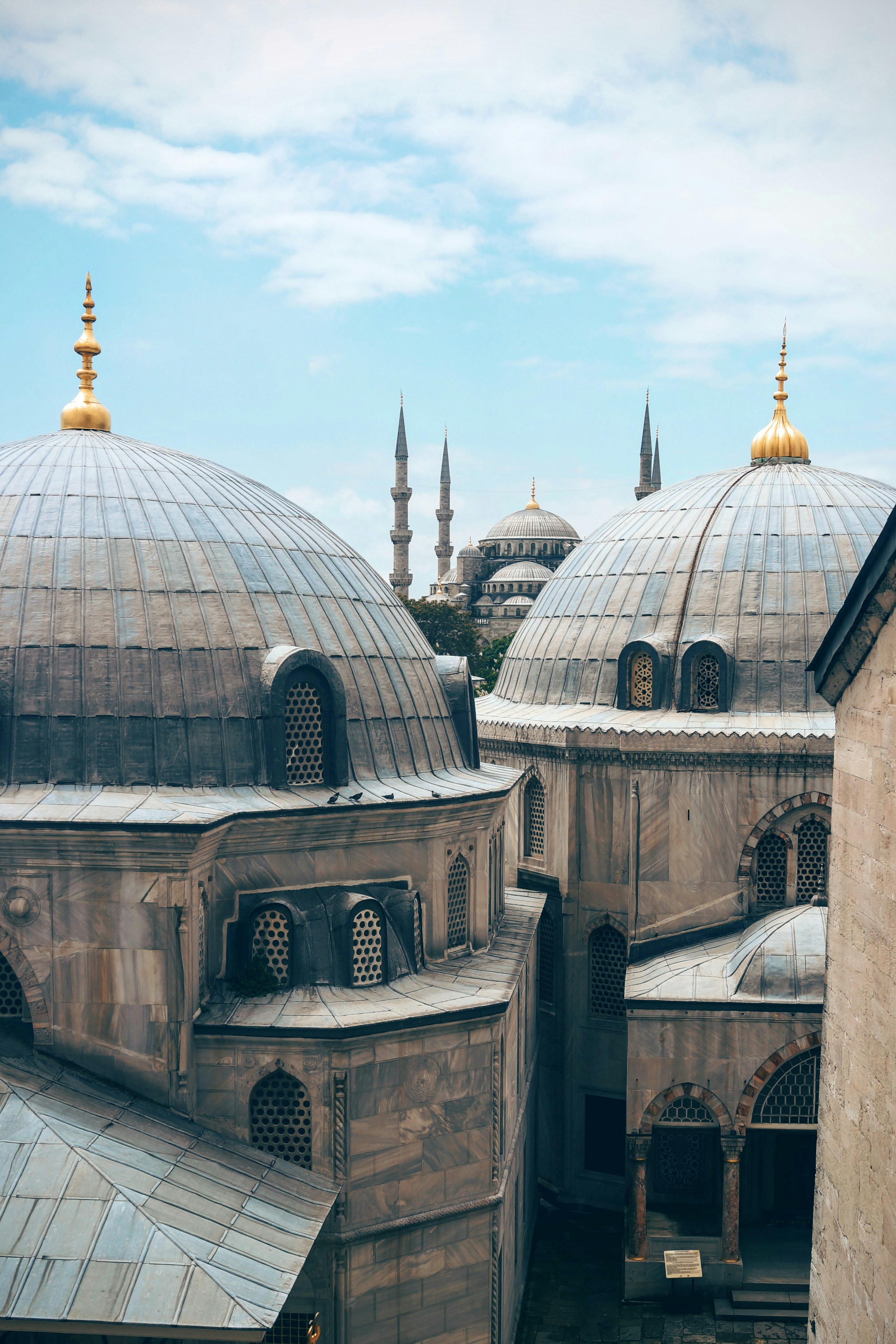 View of the Hagia Sophia and Blue Mosque domes and minarets in Istanbul, Turkey