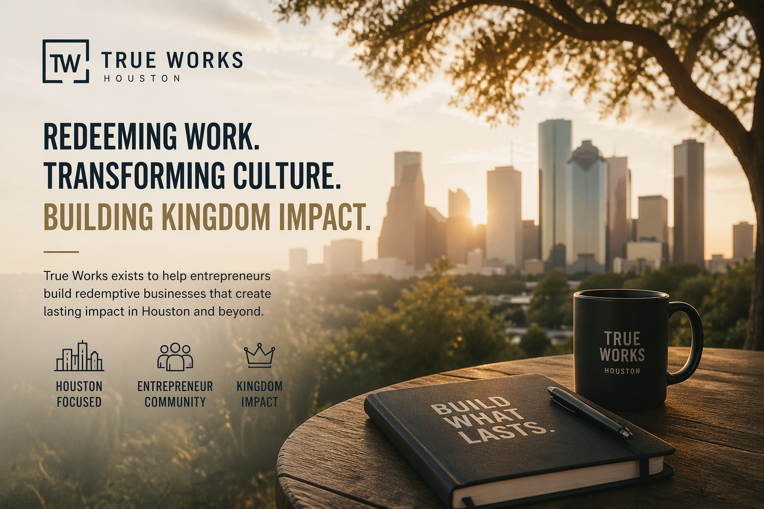 True Works Houston promotional graphic with the Houston skyline and the tagline 'Redeeming Work, Transforming Culture, Building Kingdom Impact'