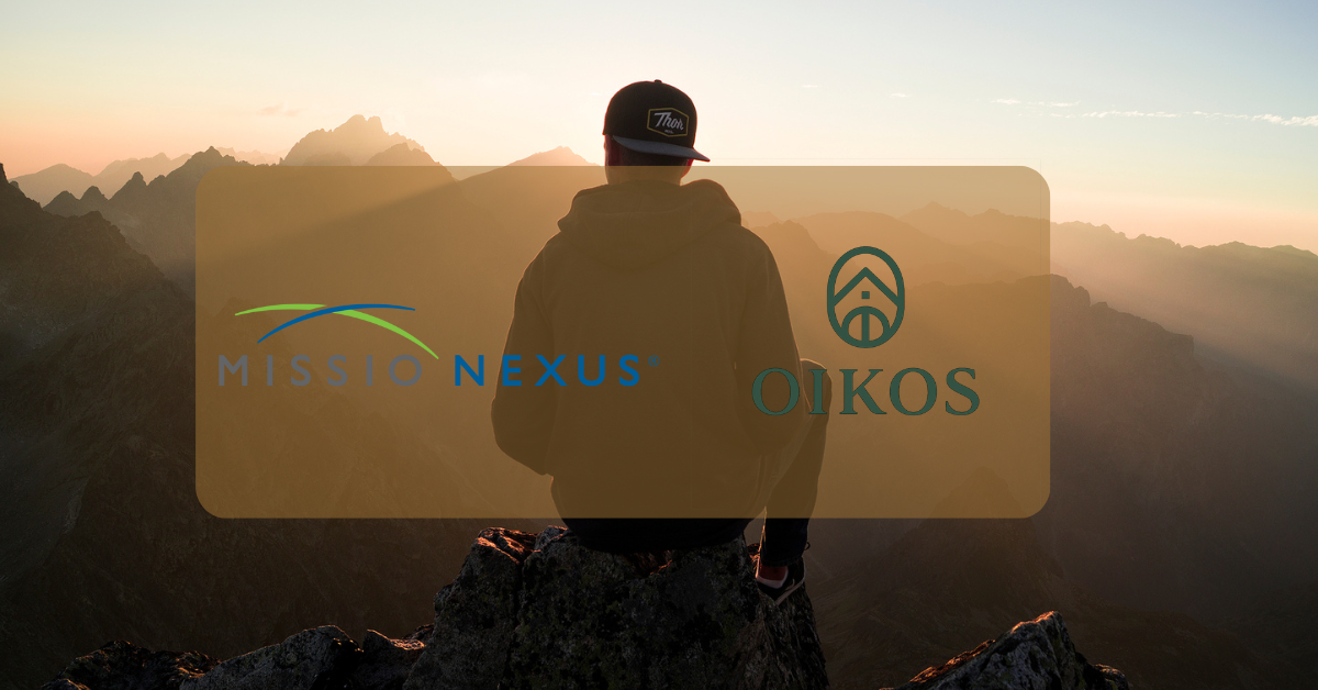 Missio Nexus and Oikos Property Ventures partnership graphic over a silhouette of a person overlooking mountains at sunset