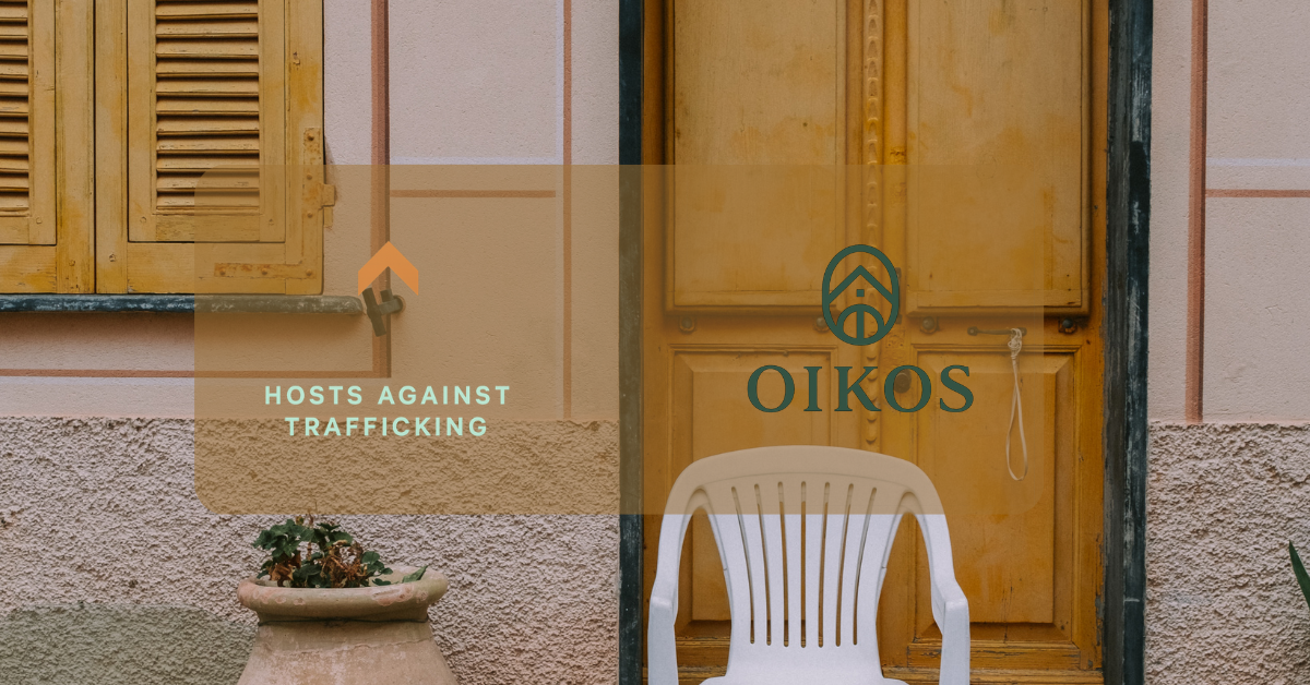 Hosts Against Trafficking movement launch graphic with the Oikos Property Ventures logo over a rustic courtyard photo