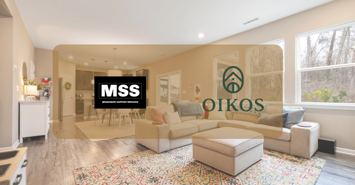 Missionary Support Services and Oikos Property Ventures partnership graphic over a furnished living room photo