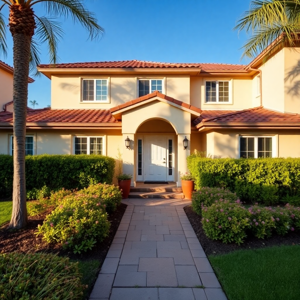 Mediterranean-style stucco home exterior with a tile roof and palm-lined walkway