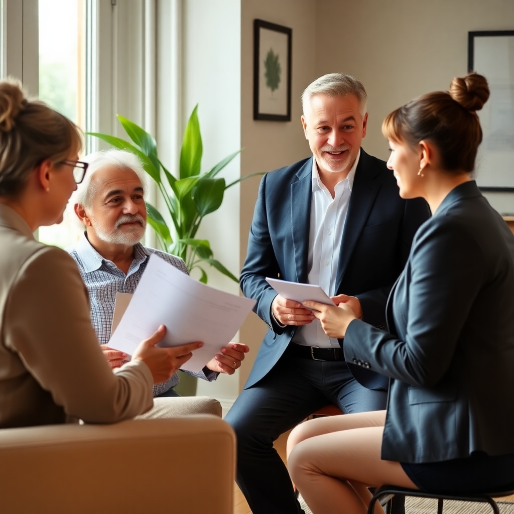 Property owner meeting with a property management team, reviewing documents together