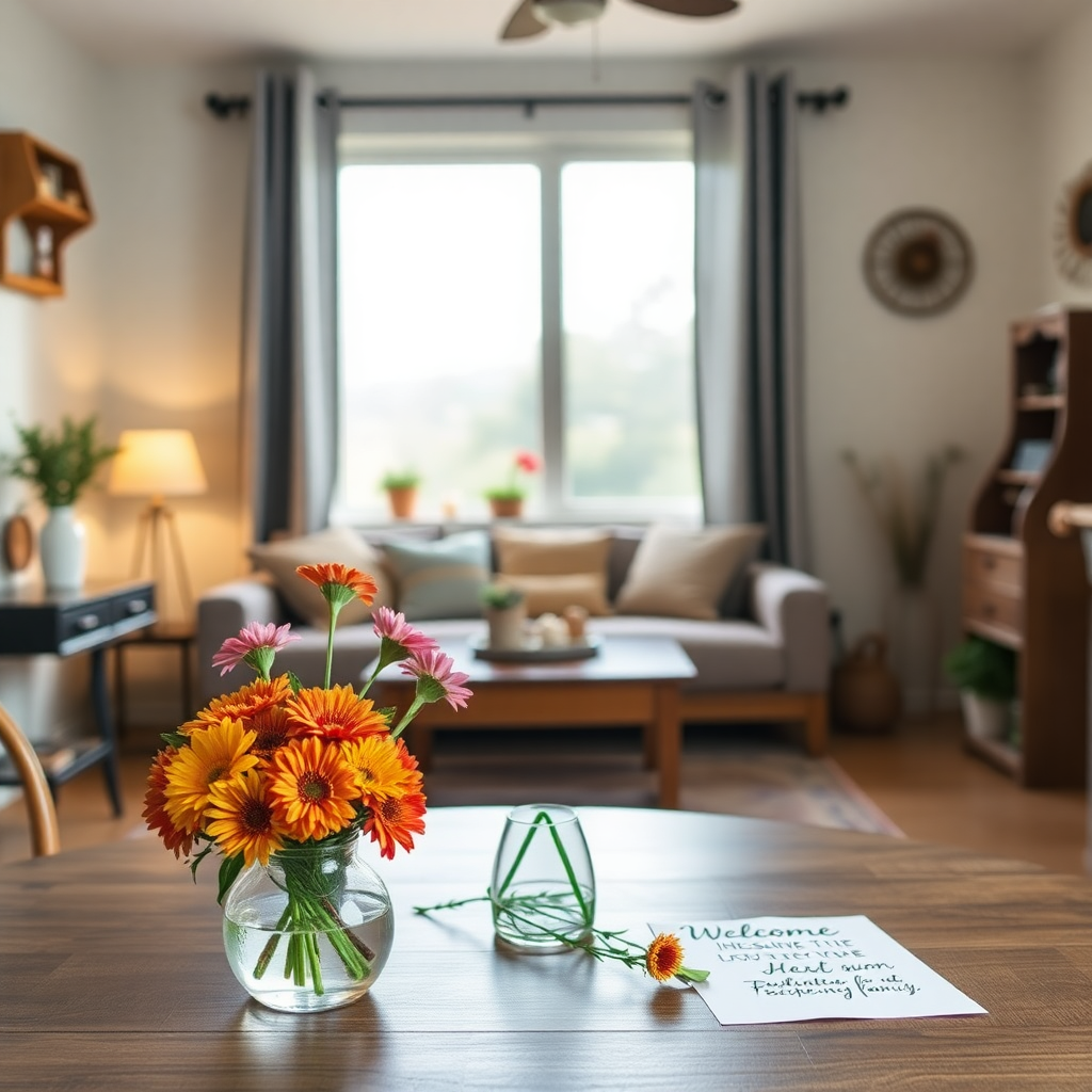 Welcome note and a vase of fresh flowers on a table in a cozy short-term rental living room