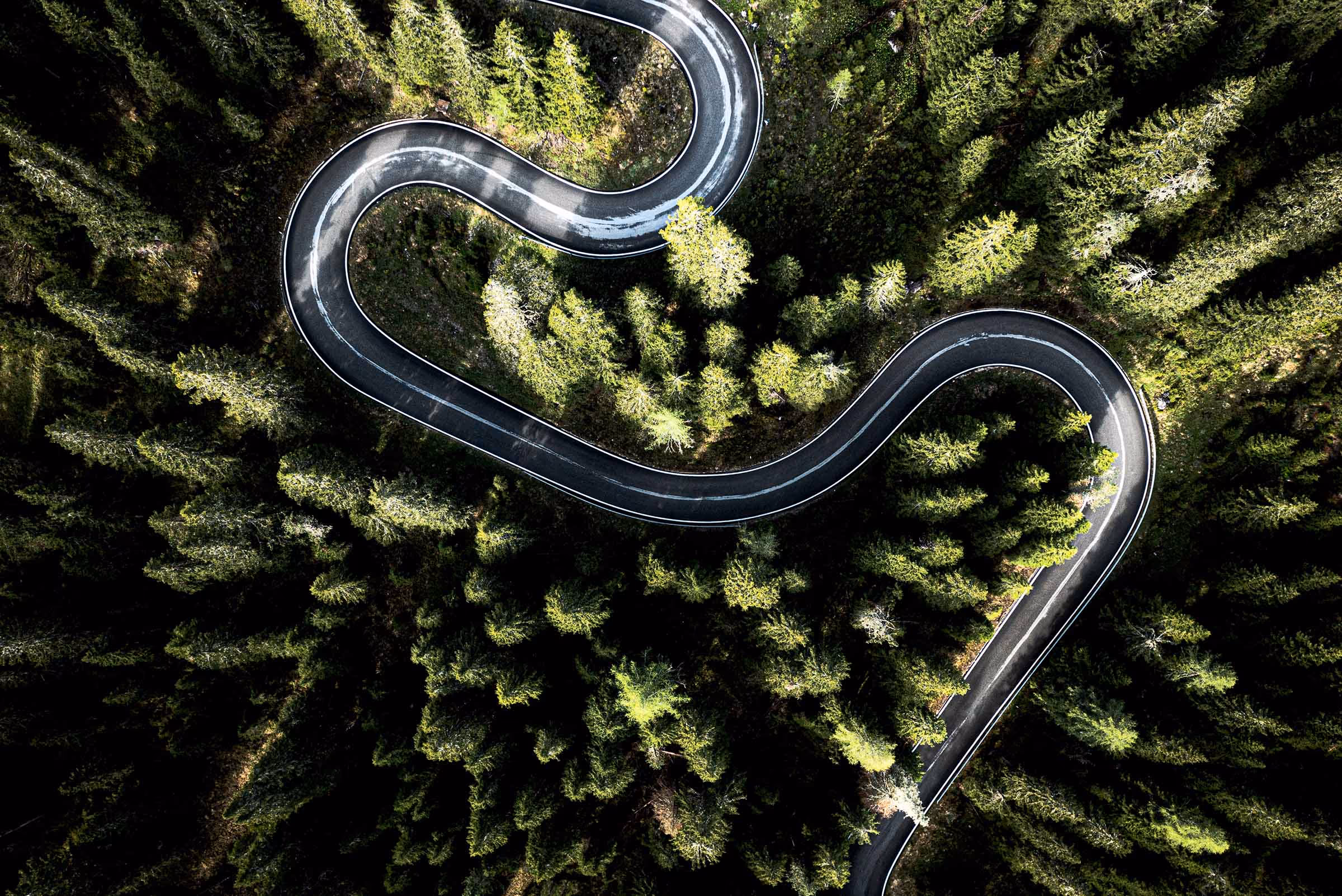 A winding road running through a forest, seen from above.