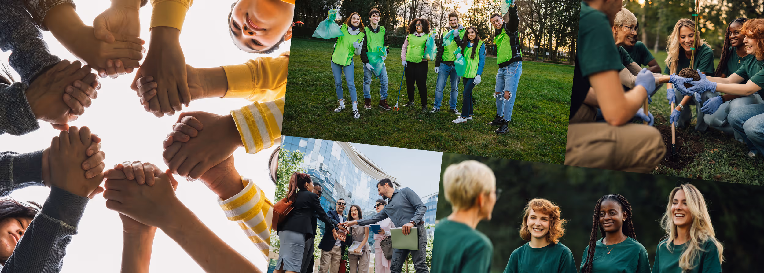 Collage of diverse groups collaborating: hands joined in a circle, volunteers with trash bags in a park, people planting a tree, colleagues shaking hands outdoors, and a group smiling together.