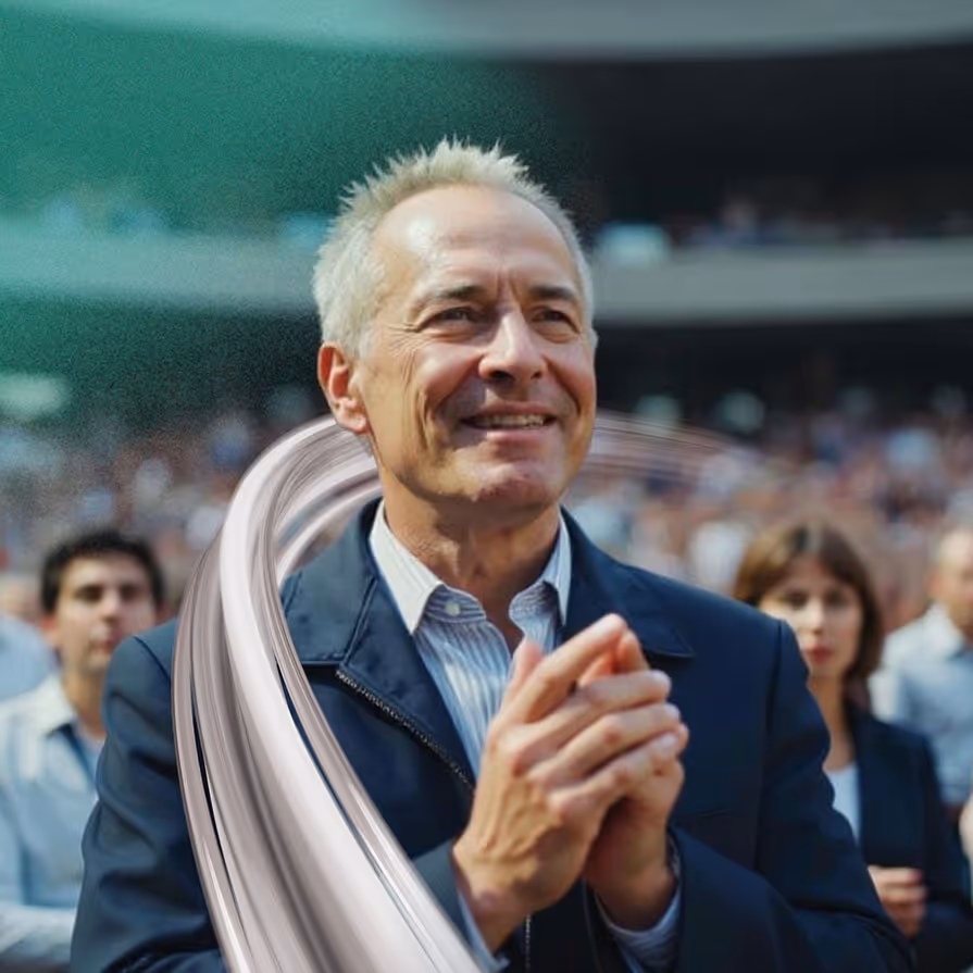 Smiling man clapping at a crowded event, with a silver ribbon swirling around him.