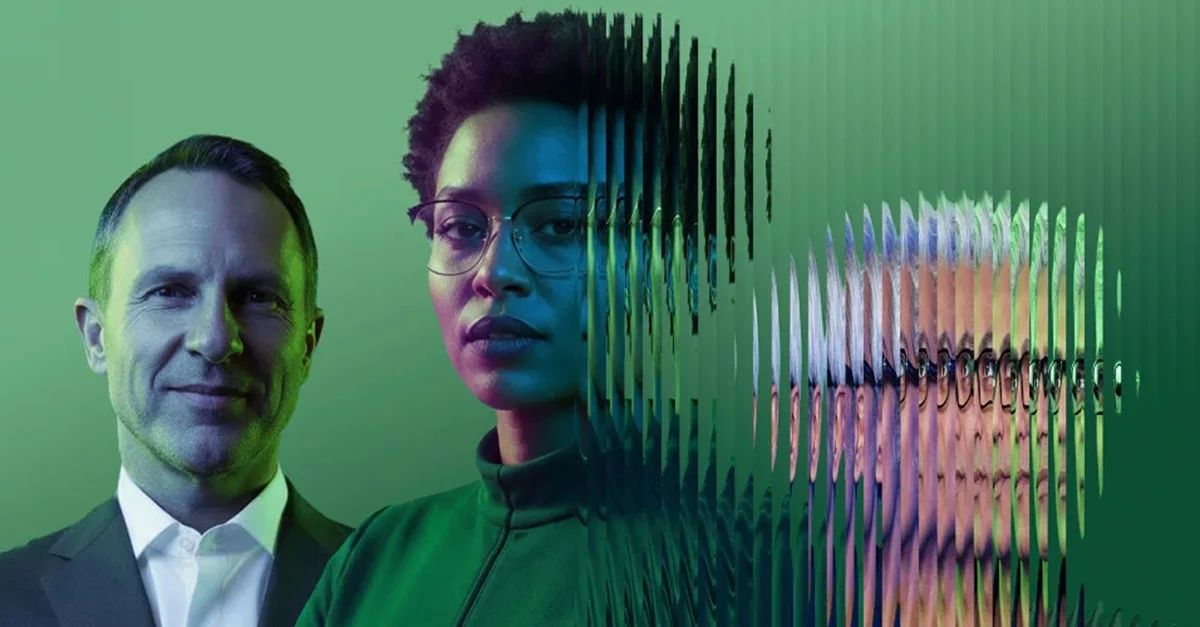 Three people, more and more obscured by a graphical effect from left to right