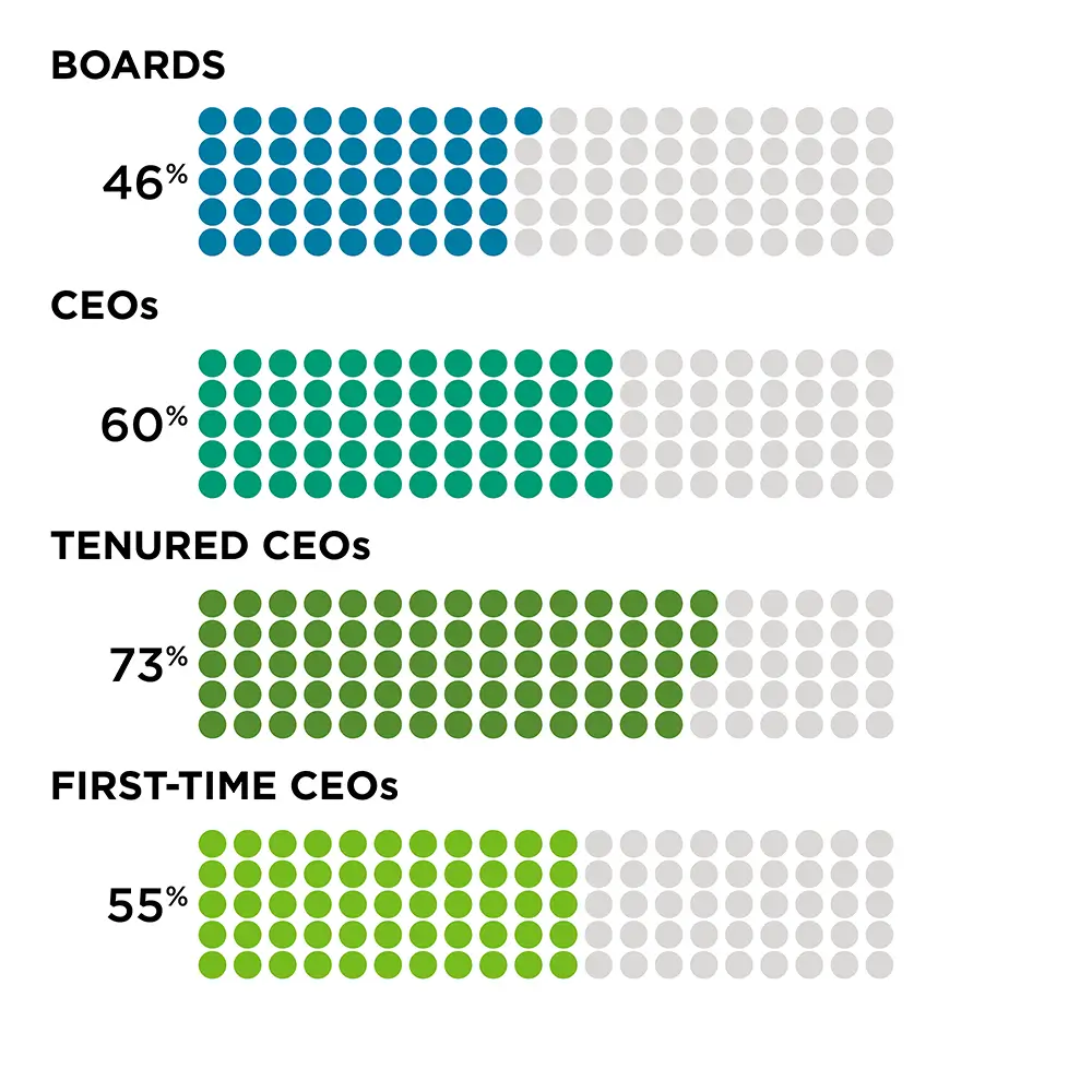 Boards = 46%; CEOs = 60%; Tenured CEOs = 73%; First-Time CEOs = 55%