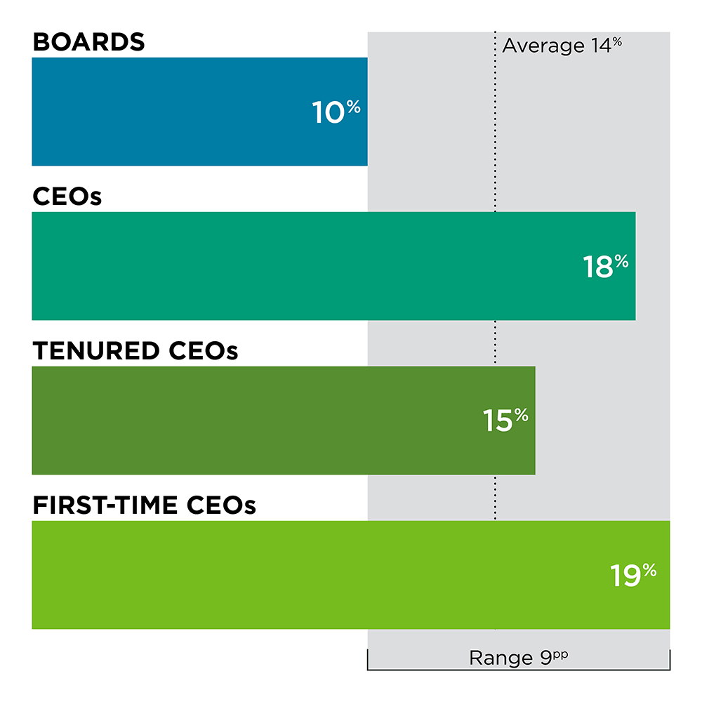 Boards = 10%; CEOs = 18%; Tenured CEOs = 15%; First-Time CEOs = 19%
