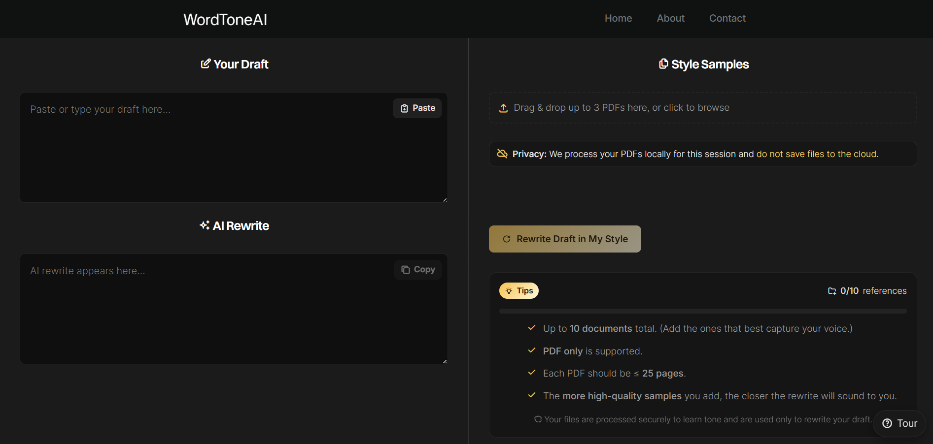 Screenshot of WordToneAI interface with fields to paste text and upload writing samples for style cloning