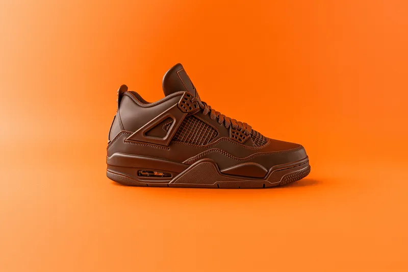 Brown athletic sneaker with detailed stitching, mesh panels, and a cushioned sole displayed against a bright orange background.
