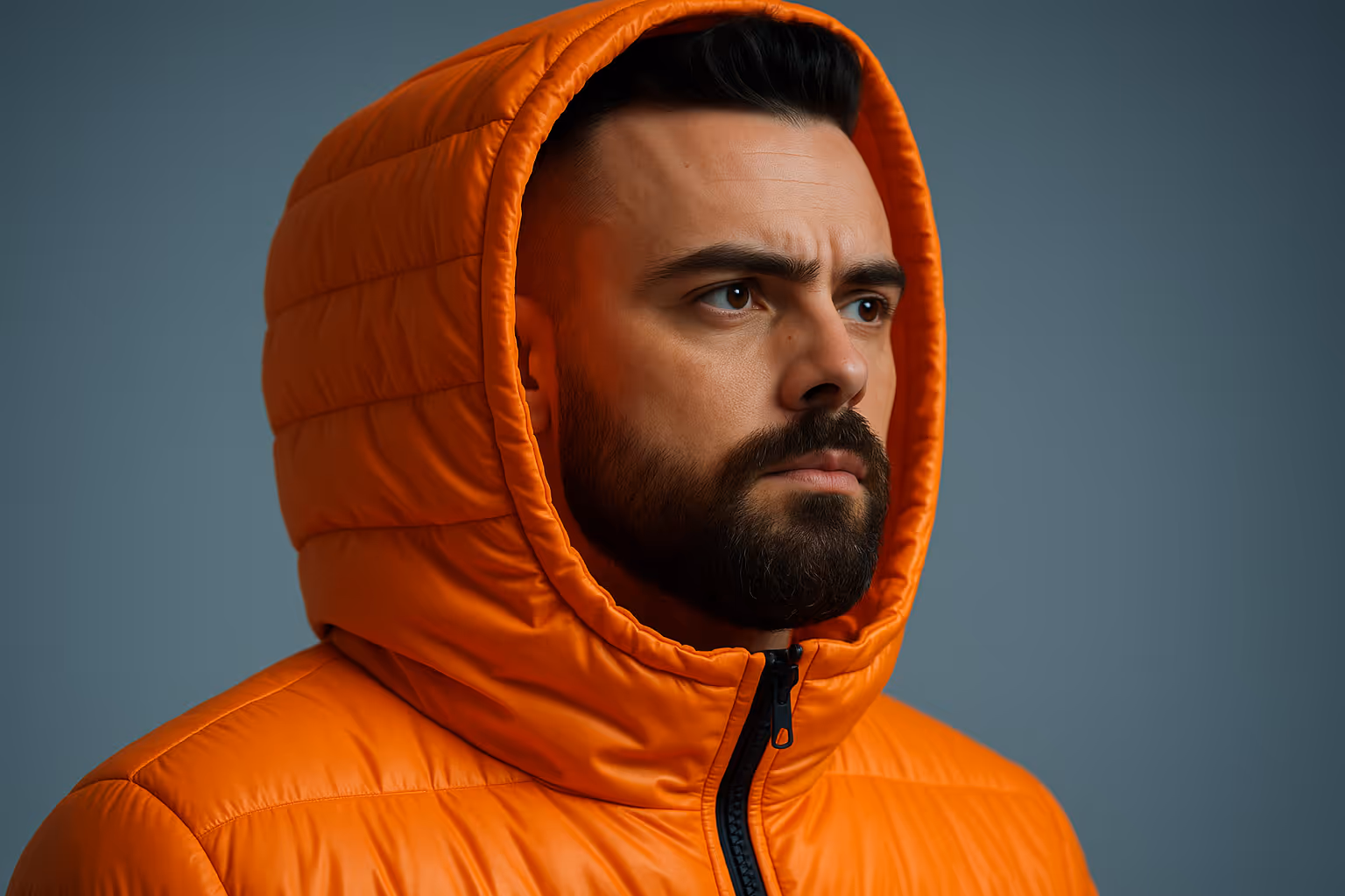 Bearded man wearing a bright orange puffer jacket with the hood up, looking serious against a plain grey background.