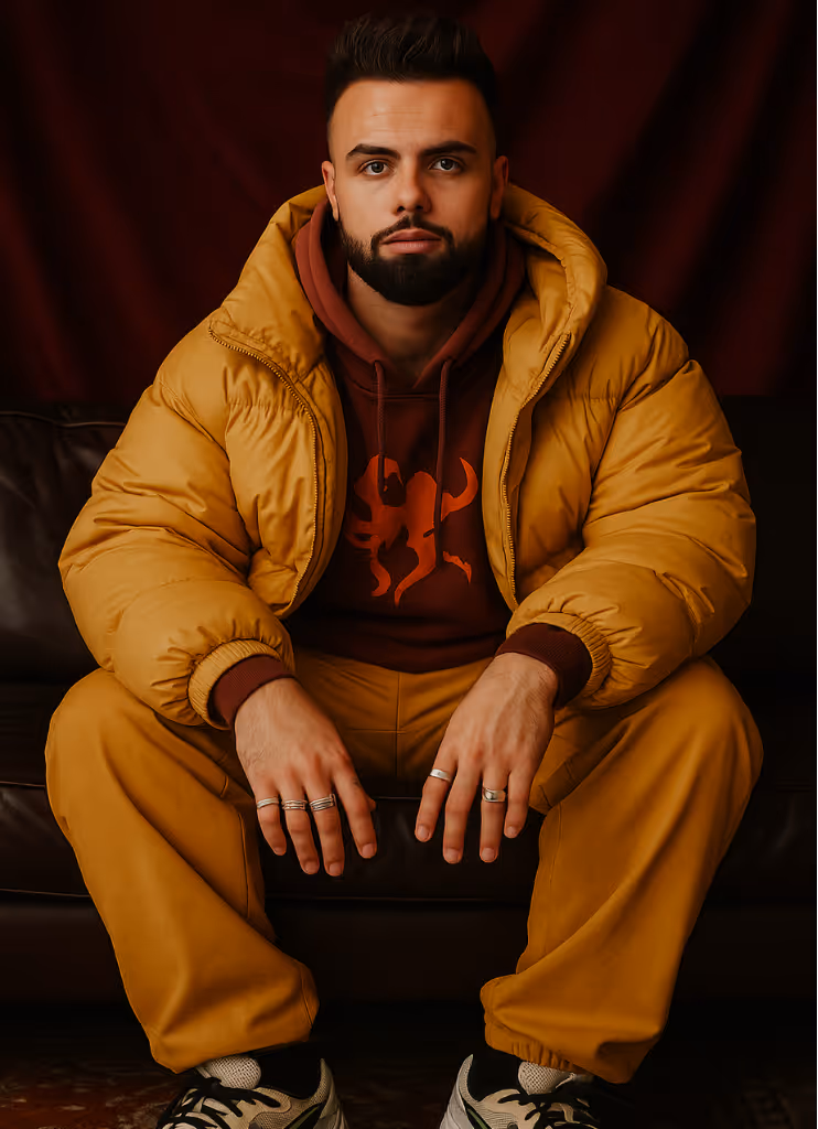 Man sitting on a dark leather sofa wearing a mustard yellow puffer jacket, matching trousers, and a maroon hoodie with a graphic design, styled with rings and sneakers against a deep red backdrop.