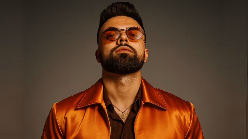Man with a beard wearing round orange-tinted sunglasses and a shiny orange satin jacket, looking upward with a confident expression against a dark neutral background.