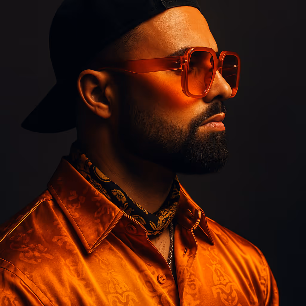 Man in profile wearing oversized orange sunglasses, a patterned silk shirt, and a black cap, styled with a patterned scarf and chain necklace against a dark background.