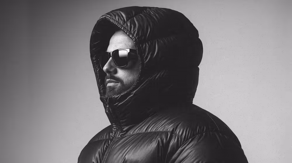 Man in profile wearing a large hooded puffer jacket and dark sunglasses, photographed in black and white against a plain background.