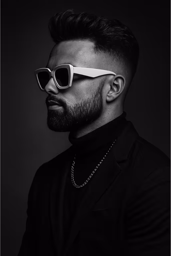 Stylish man in profile wearing bold white sunglasses, a dark turtleneck, and a chain necklace, photographed in dramatic black and white lighting.