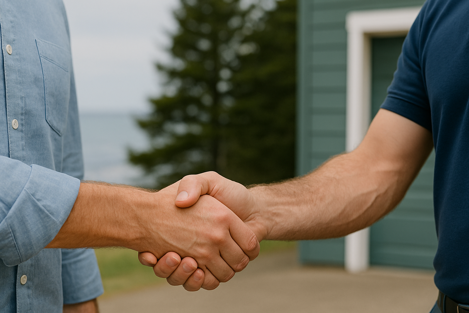 Customer and Bayer Garage Doors technician shaking hands outside a coastal home