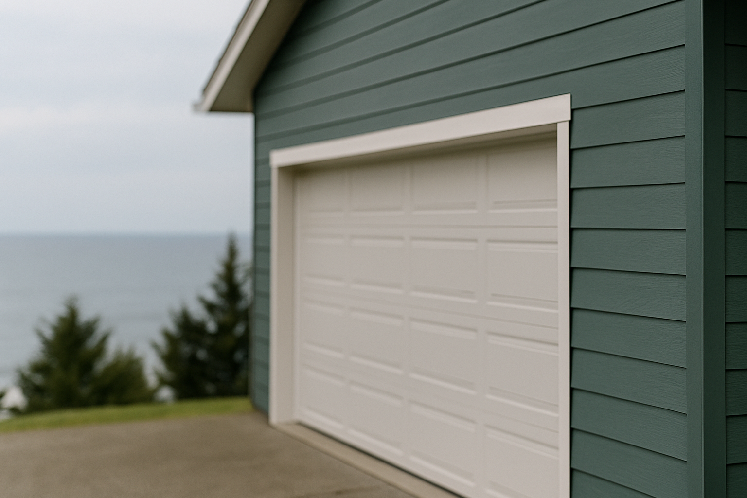 White modern garage door on a coastal home with trees and ocean in the background
