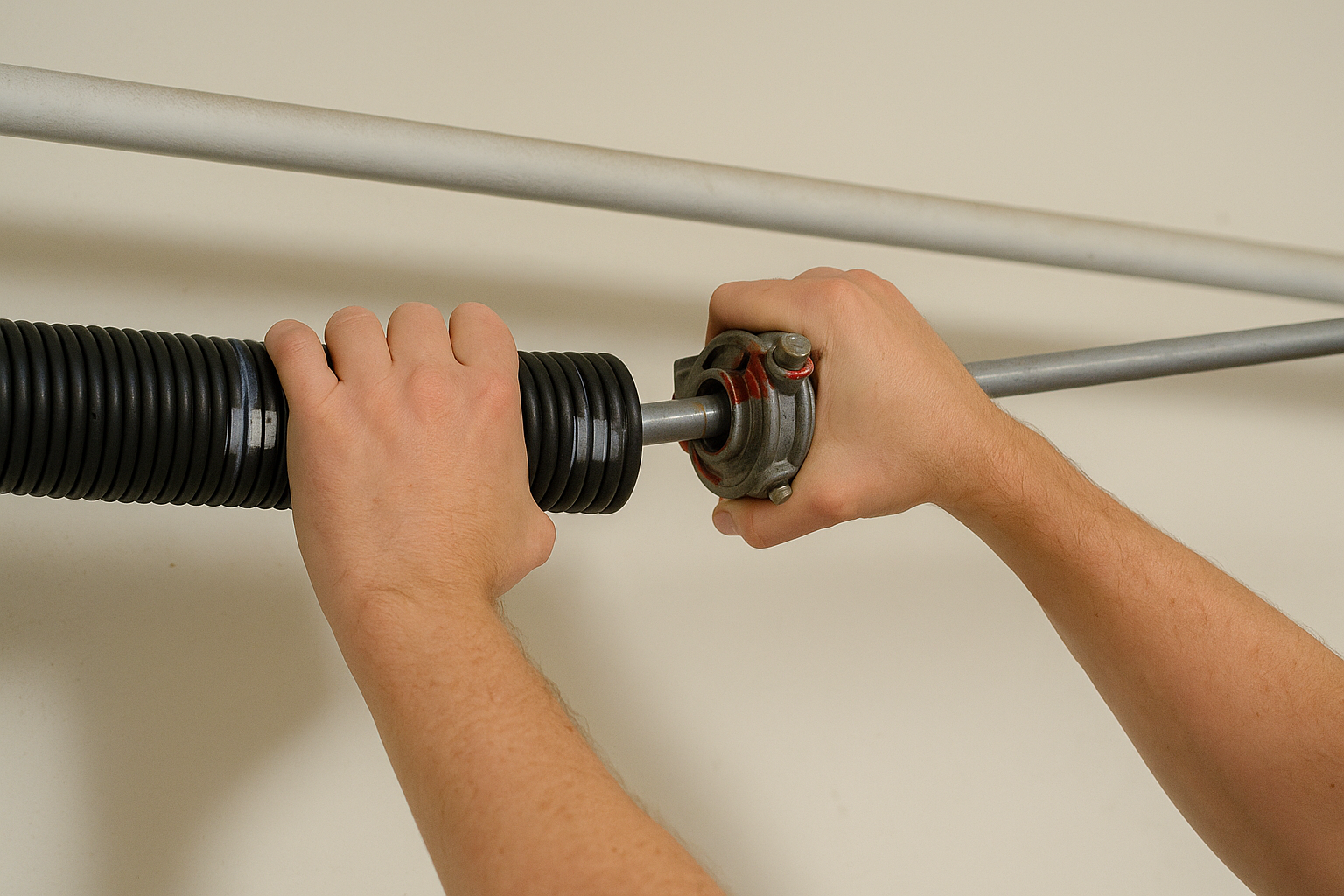 Close-up of technician adjusting a garage door spring during repair service