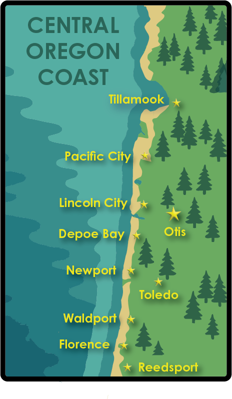 Central Oregon Coast service area map with stars marking Tillamook, Pacific City, Lincoln City, Depoe Bay, Otis, Newport, Toledo, Waldport, Florence, and Reedsport