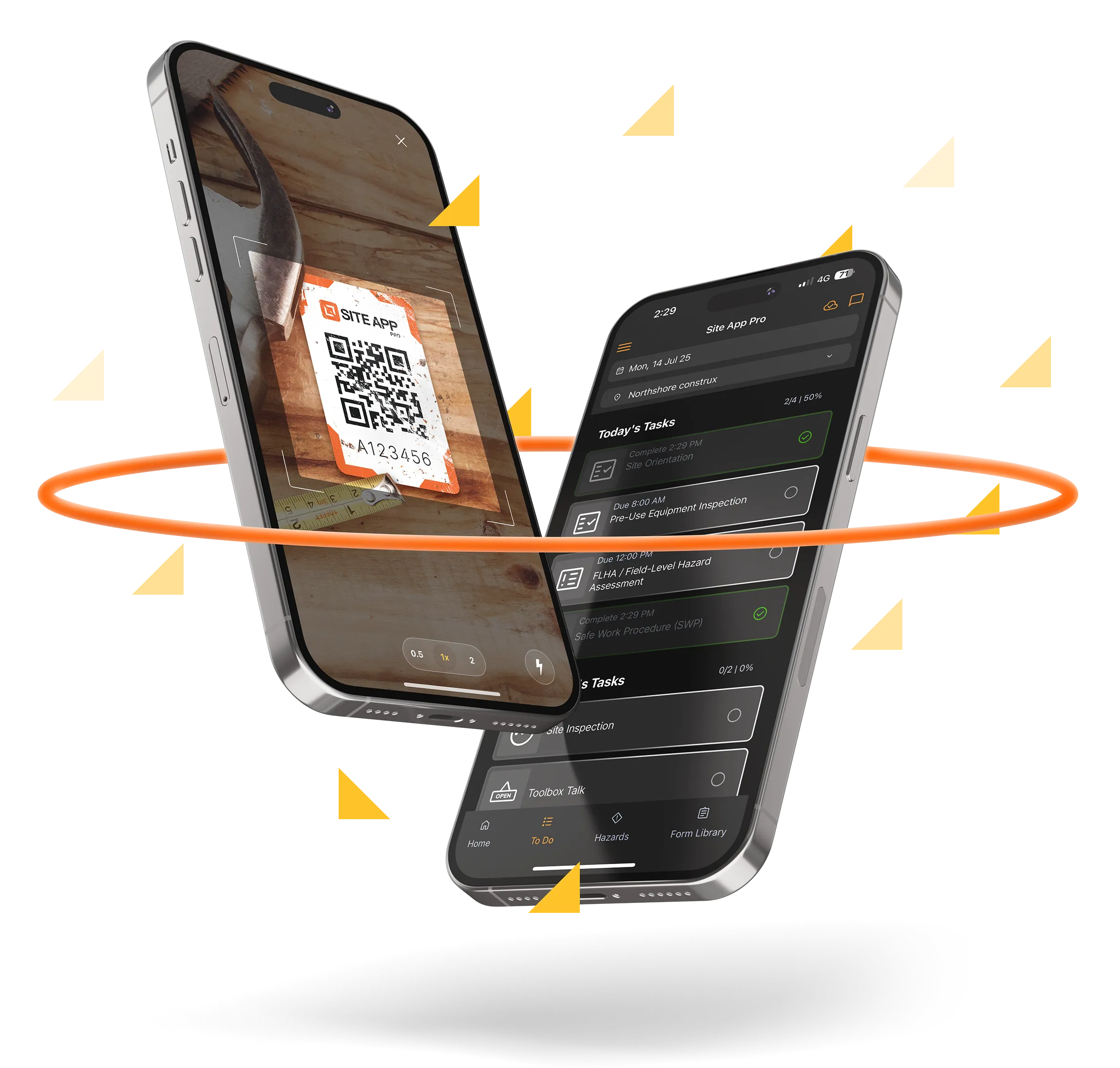 Site App Pro floating devices with QR code and today's task list screen